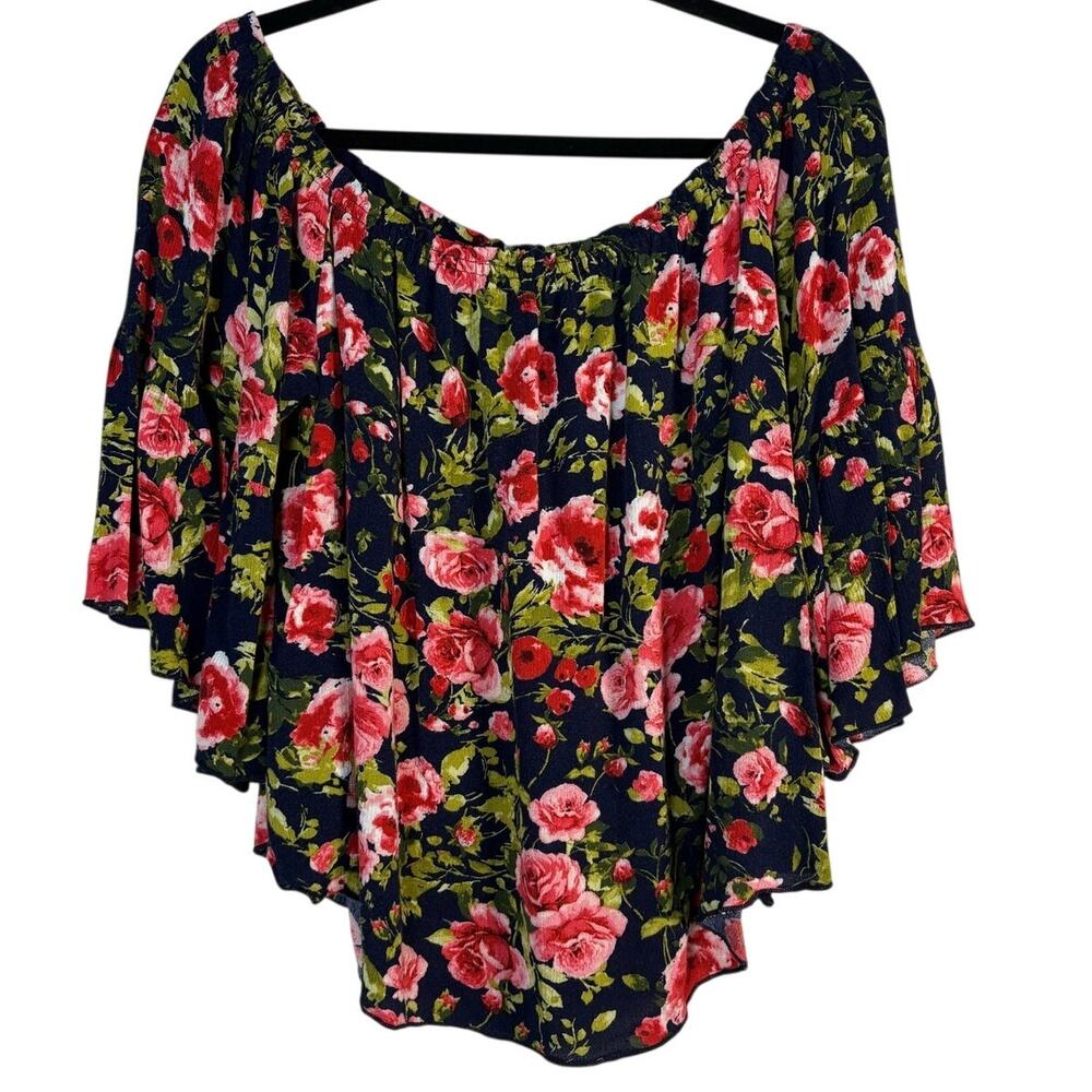 Charlotte Russe Navy Pink Rose Floral Off Shoulder Ruffle Crop Blouse Y2K 2X